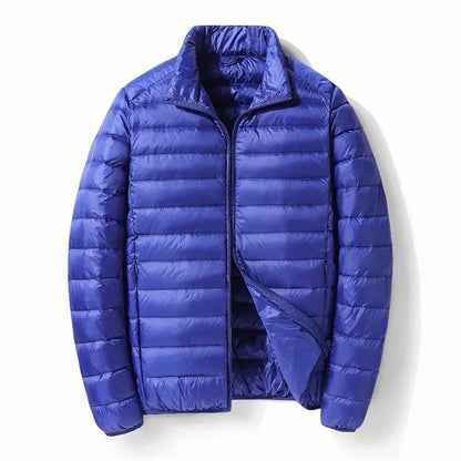 Men White Duck Down Jacket Warm Hooded Ultra Lightweight Packable Coat Winter Water and Wind-Resistant Breathable Down Jacket