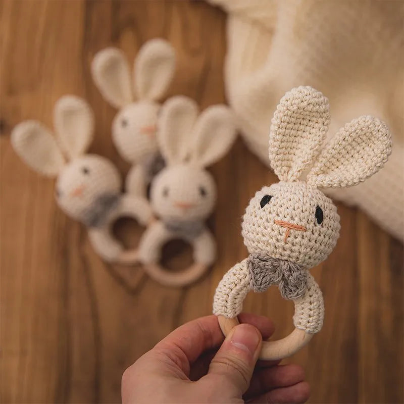 Baby Rattles Crochet Bunny Rattle Toy Wood Ring Baby Teether Rodent Baby Gym Mobile Rattles Newborn Educational Toys Gifts 1pc
