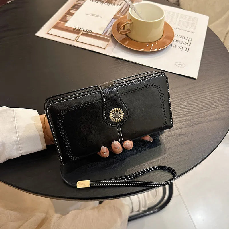 Vintage Hollow PU Long Wrist Wallet, Multi Card Slots Snap Zipper Ladies Purse For ID Cards Cash Bank Cards