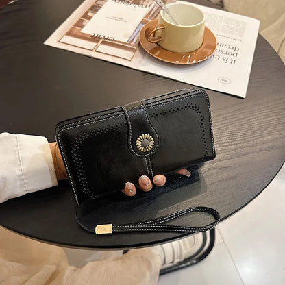 Vintage Hollow PU Long Wrist Wallet, Multi Card Slots Snap Zipper Ladies Purse For ID Cards Cash Bank Cards