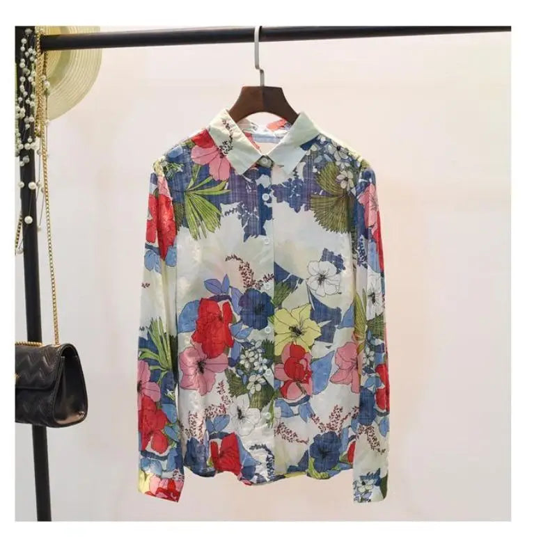 Blue Floral Print Vintage Polo-Neck Single Breasted Long Sleeve Women's Blouse Shirt Casual Female Clothing Tops Fashion 2024