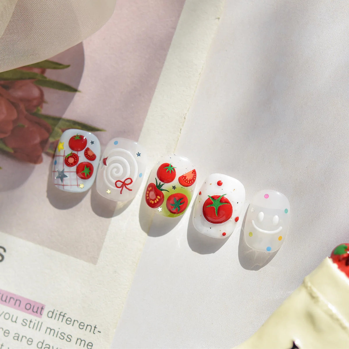 Juicy Red Jelly Tomato Nail Art Sticker Cute Bowknot Glitter Star Kawaii 5D Fruit Self Adhesive Nail Art Decals for Summer DIY