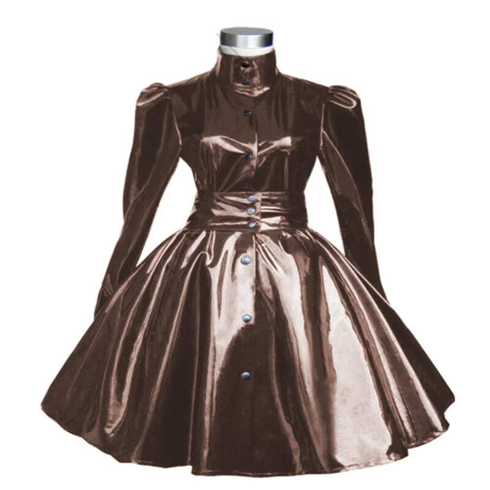Plus Size Sweet Girl Mini Dress PVC Leather High Neck Button Pleated  A-line Dress Preppy Style Back Zipper Long Sleeve Dress