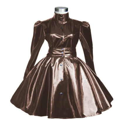 Plus Size Sweet Girl Mini Dress PVC Leather High Neck Button Pleated  A-line Dress Preppy Style Back Zipper Long Sleeve Dress