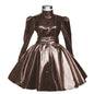 Plus Size Sweet Girl Mini Dress PVC Leather High Neck Button Pleated  A-line Dress Preppy Style Back Zipper Long Sleeve Dress