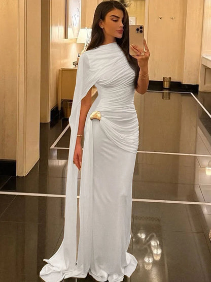 Weird Puss Elegant Party Dress Woman Ruched o-Neck Sleeveless Irregular Ribbon Metal Trim Classic Chic Birthday Banquet Vestidos