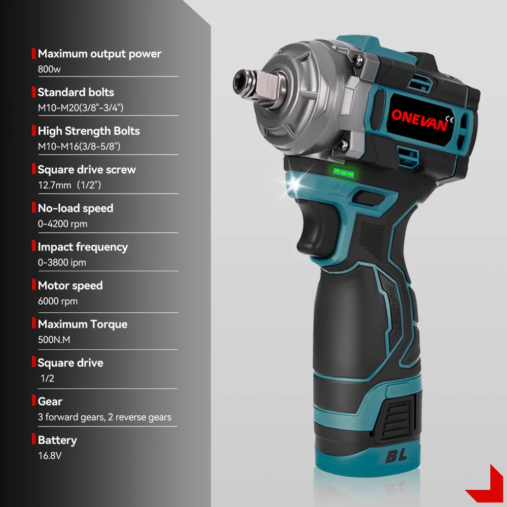 ONEVAN 500N.M Brushless Electric Impact Wrench Handheld Cordless Electric Screwdriver Wrench Power Tool With Lithium-Ion Battery