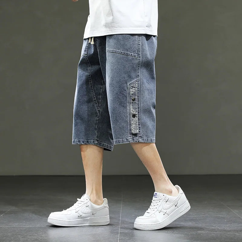 Korean Style Men's Long Shorts 3/4 Length Denim Bermuda Male Big Plus Large Size Jeans Fashion Below Knee Streetwear Loose Baggy