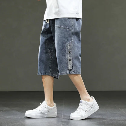 Korean Style Men's Long Shorts 3/4 Length Denim Bermuda Male Big Plus Large Size Jeans Fashion Below Knee Streetwear Loose Baggy