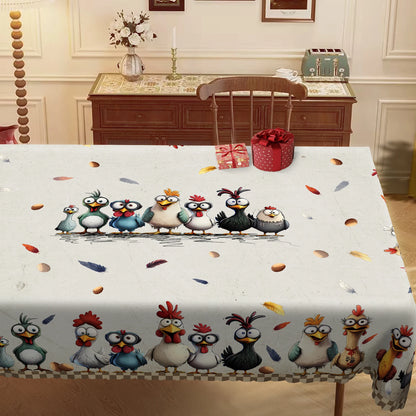 Cute Crazy Chicken Polyester Tablecloth, Featuring Various Adorable Chicken Patterns in Different Colors, Colorful Feathers, Egg Prints, Embossed Edges, Waterproof, Wrinkle-Resistant, Fade-Resistant, Suitable for Rectangular