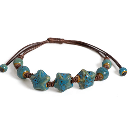 Handmade Glazed Ceramic Star Bracelet Adjustable Woven String Jewelry for Women Men Boho Style Gift S02-033
