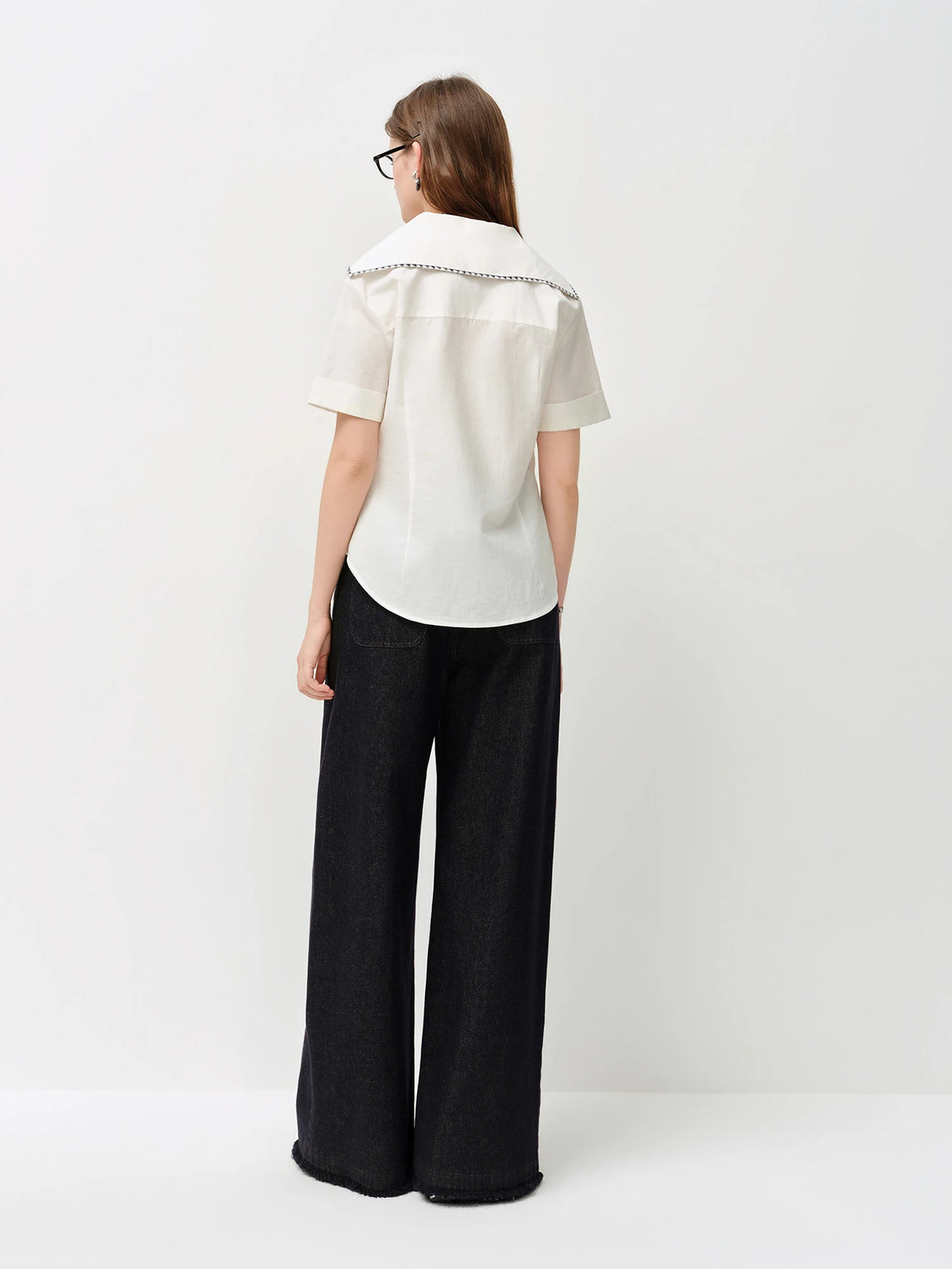 FSLE 2026 Summer Women's Sailor Collar Shell Embroidered Short Sleeve Shirt Preppy Button Down Blouse for Rebellious Prep Style