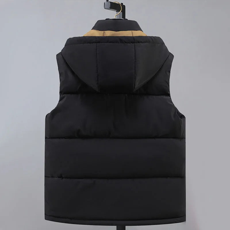 2024 Autumn Winter Men Thicken Cotton Waistcoat Sleeveless Vests Jackets Warm Detachable Hat Outerwear Male Zipper Hooded Coats