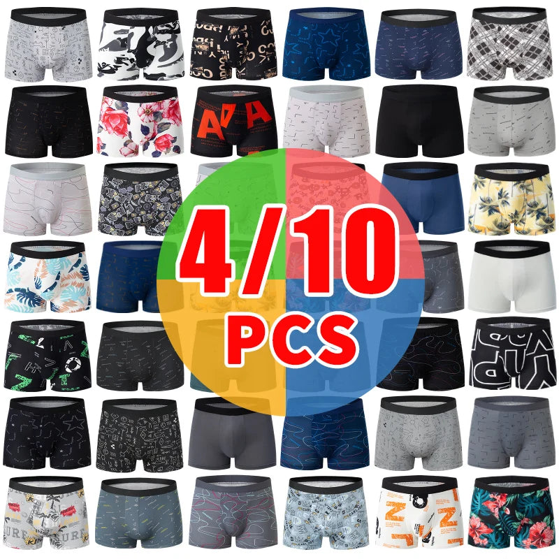 4/10piece Set Of European And American Men's Fashionable Printed Boxer Shorts Loose Oversized Elastic Waist Underwear Base Short