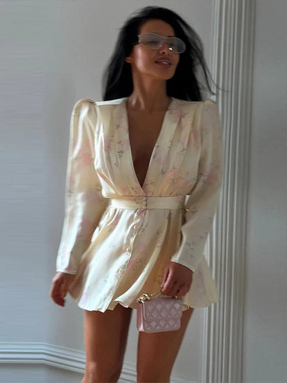 Sexy Women's Dress Deep V-neck Full Sleeve Waistband Two Piece Female Print Floral Sets 2026 Summer Party New Holiday Lady Suit