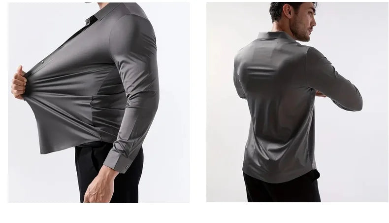 New Design Men's Solid Shirt Long Sleeve Autumn High Elasticity Casual Wrinkle Free No ironing Business Formal White Blue Social