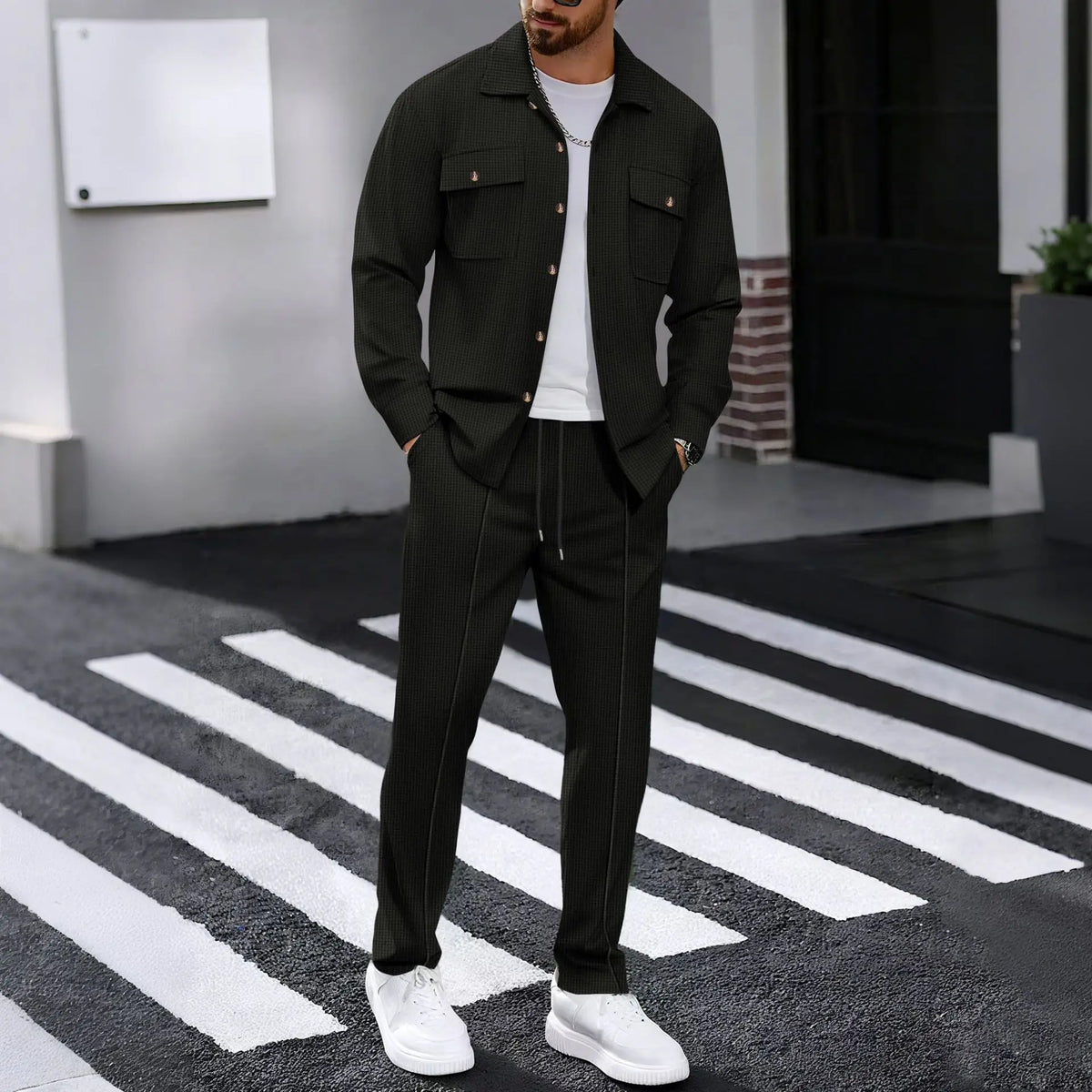 New Men's Solidcolor Waffle Longsleeved Pants Set High Quality Fashionable Comfortable With Double Pockets Workwear Style Cardig