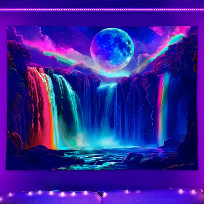 1PC Colorful Waterfall UV Response tapestry, Moon Night Sky Natural Landscape Black Light Home Decoration tapestry