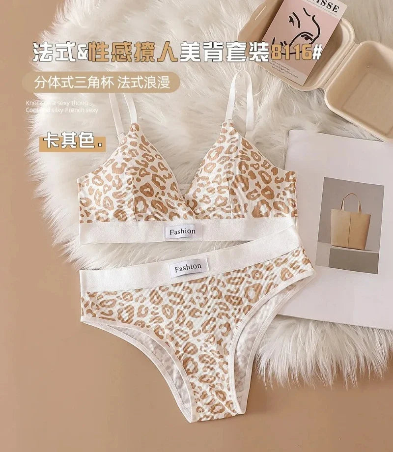 Summer New Women's Leopard Print Traceless and Steel Rim Bra Adjustable Shoulder Strap Back Women's Underwear Set