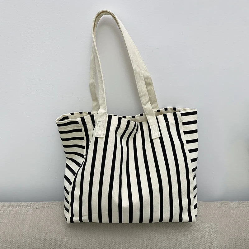 Striped Canvas Bag Beach Handbag Fashionable Women's Canvas Summer Large Capacity Shoulder Bag