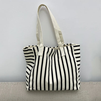 Striped Canvas Bag Beach Handbag Fashionable Women's Canvas Summer Large Capacity Shoulder Bag