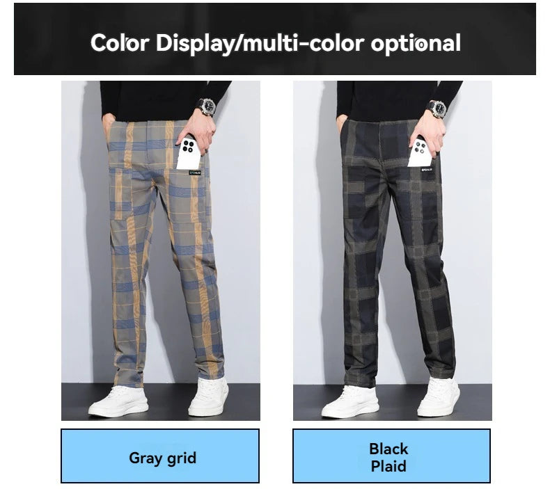 Autumn Winter Luxury Plaid Check Pattern Casual Pants Men Thick Business Elastic Waist Slim Fit Korean Pocket Long Trousers Male