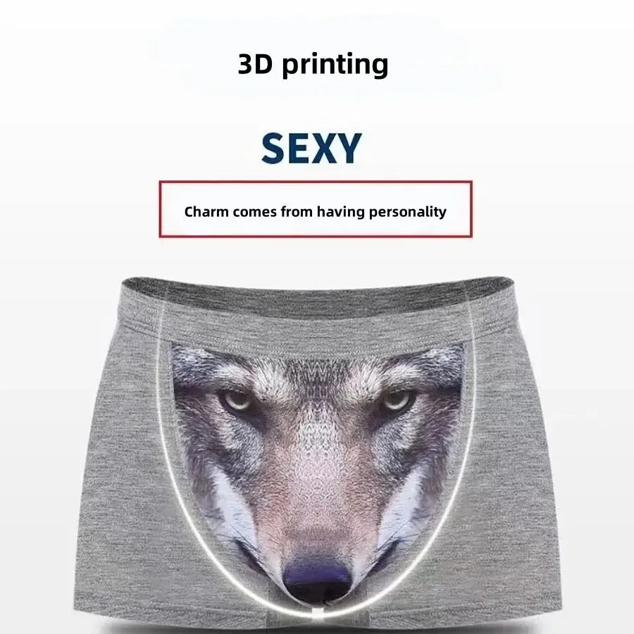 Men 3D Printed Boxer Shorts Wolf Eagle Head Pattern Mid Waist Flat Angle Underpants Soft Modal Knitted Breathable Underwear