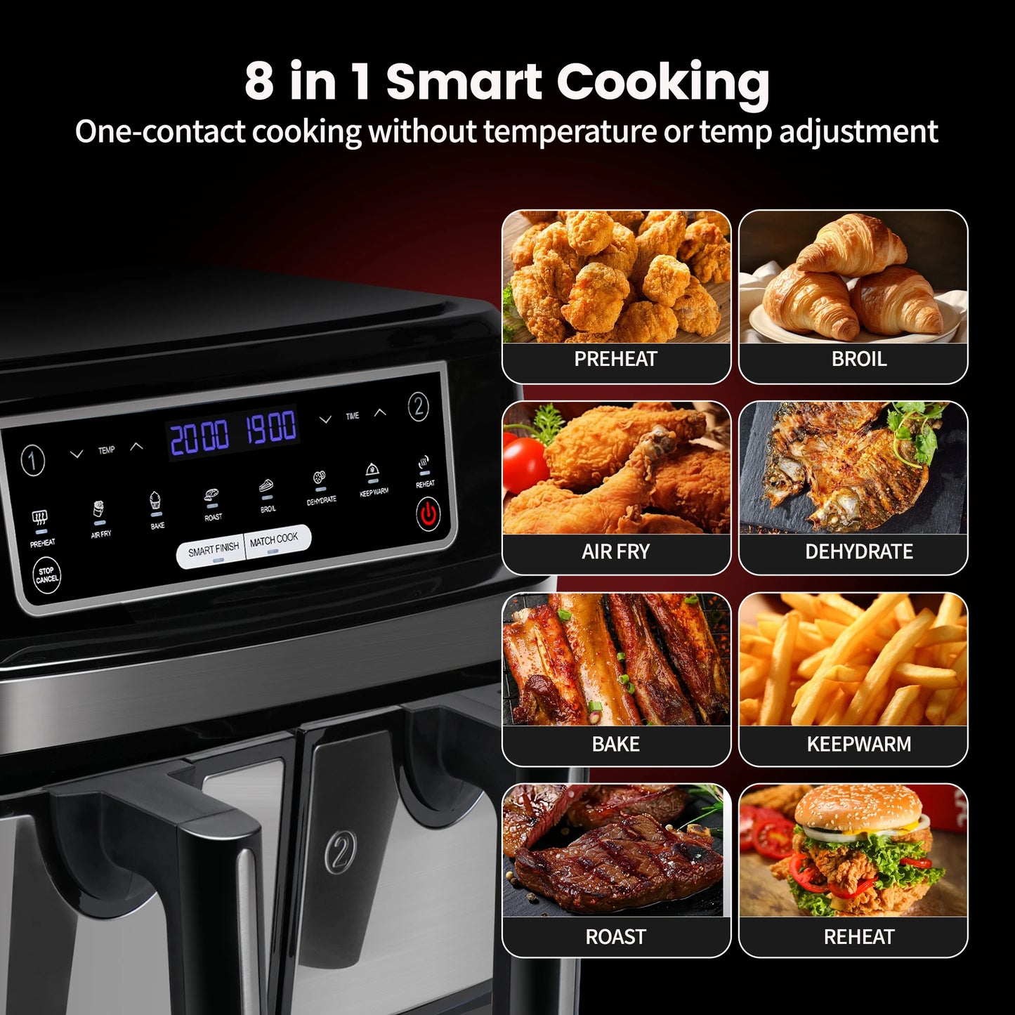 Hot Air Fryer Double Chamber 9 Litres XXL Air Fryer with 2 Independent 4.5L Drawers 8 Automatic Programmes with LED Touch Screen