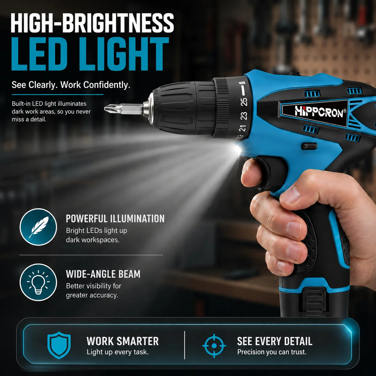 Hippcron 12V Lithium Electric Drill Tapping Cordless Impact Tool Ratchet Set Multifunction Screwdriver Household with 3/8" Chuck