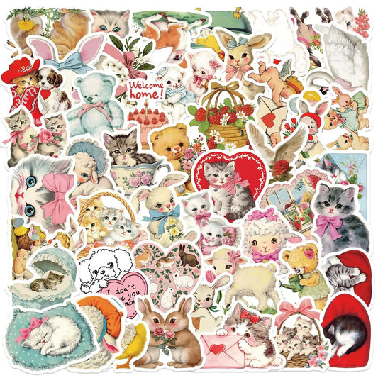 50Pcs Vintage Animals Clipart Sticker Aesthetic Skateboards DIY Harajuku Laptop Luggage Waterproof Wall Room Bar Decor Stickers