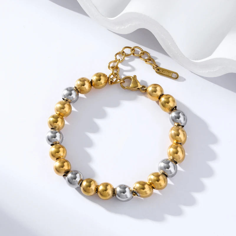 GANPUP 316L Stainless Steel Metal Beads Charms Bracelet Bangle for Women Texture Trendy Wrist Chain Jewelry Gift Bijoux Femme