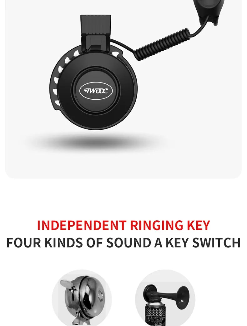 TWOOC Bicycle Electronic Horn Volume Adjustment 4 Kinds of Classic Cingtones Rechargeable 100dB Not Harsh Road Mountain Bike