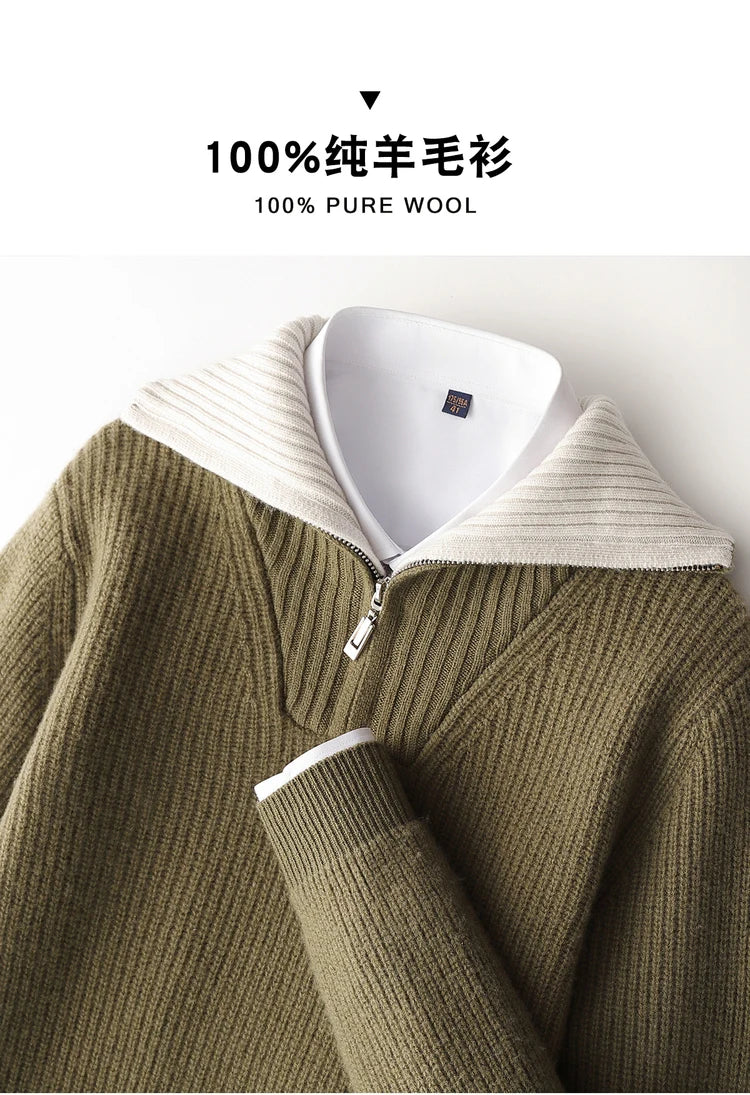 Pullover sweater for men, men's lapel sweater 2025 new loose knit autumn and winter full sleeved men's 100% Australian wool swea