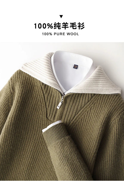 Pullover sweater for men, men's lapel sweater 2025 new loose knit autumn and winter full sleeved men's 100% Australian wool swea