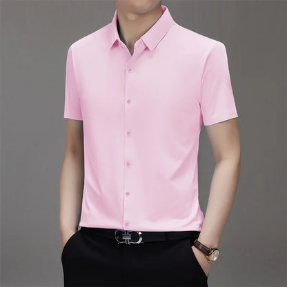 Men's Business Casual Solid Color Short Sleeve Shirt Summer Fashion No Ironing Comfortable Versatile Top for Men