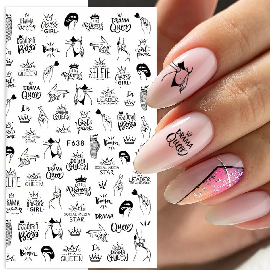 Black and White Love Flowers Line Art 3D Stickers Nail Decals Nail Art Accessories Butterfly Rose Nail Stickers Nail Sliders