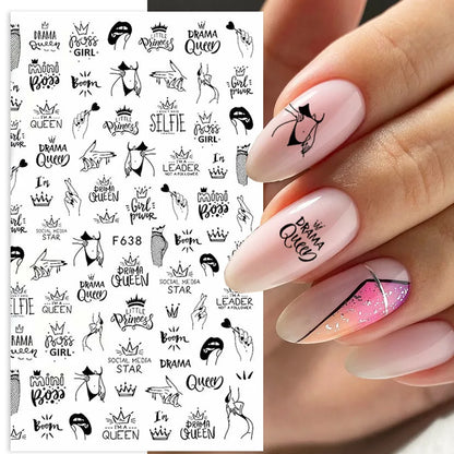 Black and White Love Flowers Line Art 3D Stickers Nail Decals Nail Art Accessories Butterfly Rose Nail Stickers Nail Sliders