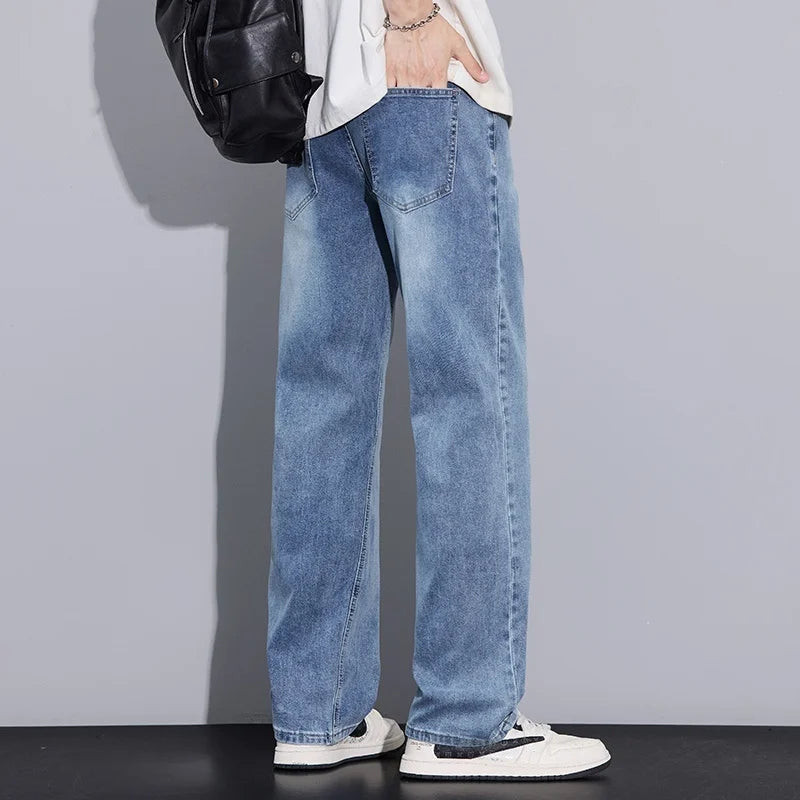 New Arrival American Vintage Wide Leg Elastic Denim Pants for Men Loose Straight Fit Flowy Versatile Casual Pants