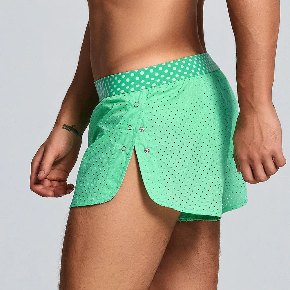 Men's Casual Shorts Side Fork Button Design Outdoor Aro Pants Mesh Breath Summer Beach Board Shorts Teenager Home Jog Gym Trunks