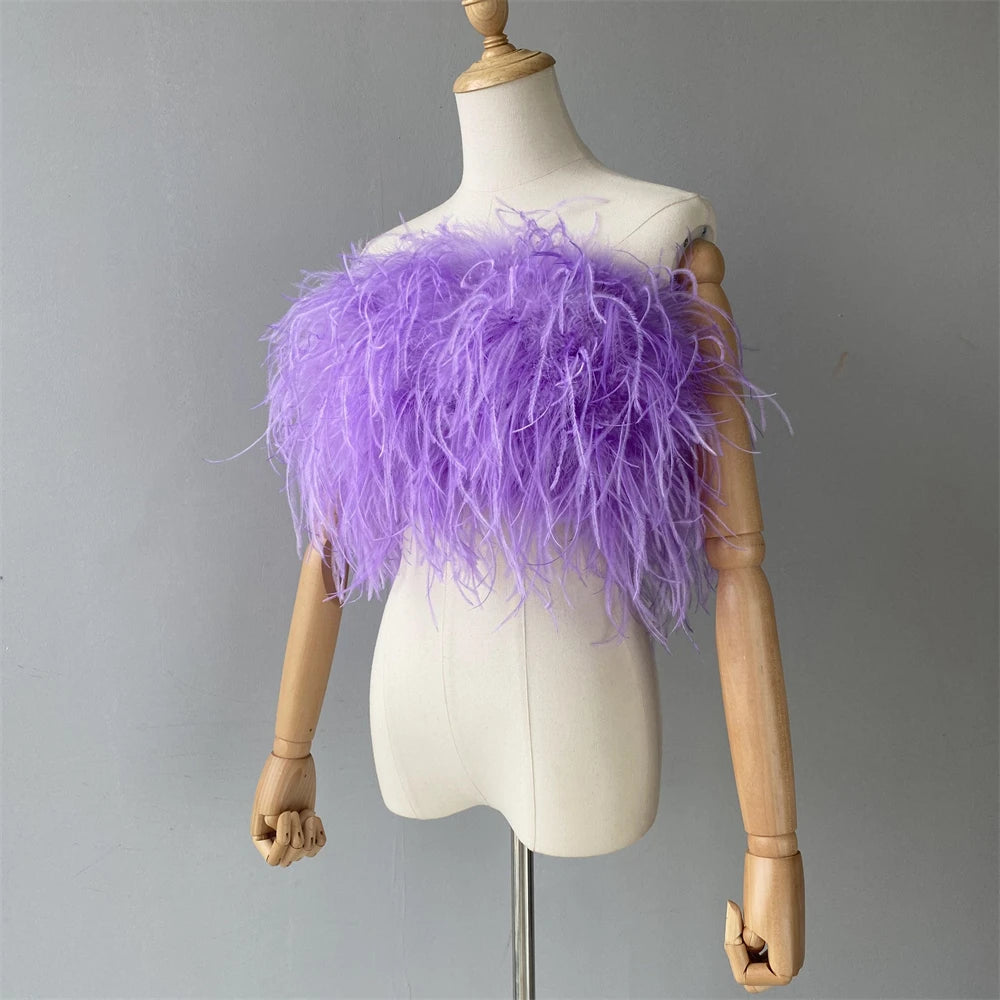 Jaxmonoy New Women Ostrich Feather Tube Spring Summer Sexy Stretch Top Bra Lady Party Wedding Fashion Sleeveless Cropped Top
