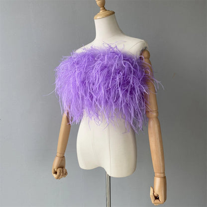 Jaxmonoy New Women Ostrich Feather Tube Spring Summer Sexy Stretch Top Bra Lady Party Wedding Fashion Sleeveless Cropped Top