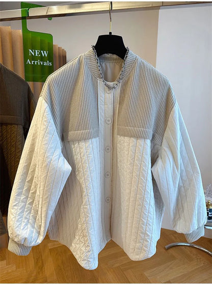 Women Autumn Advanced Design Sense, Niche Loose Casual Knit Stitching, Striped Cotton Coat Winter Light Thin Small Cotton Jacket