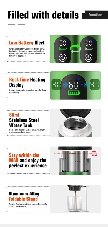 DENOKIN 3-in-1 Capsule Coffee Maker With Digital Display Portable Espresso Coffee Machine for Car & Home Camping Coffee Maker