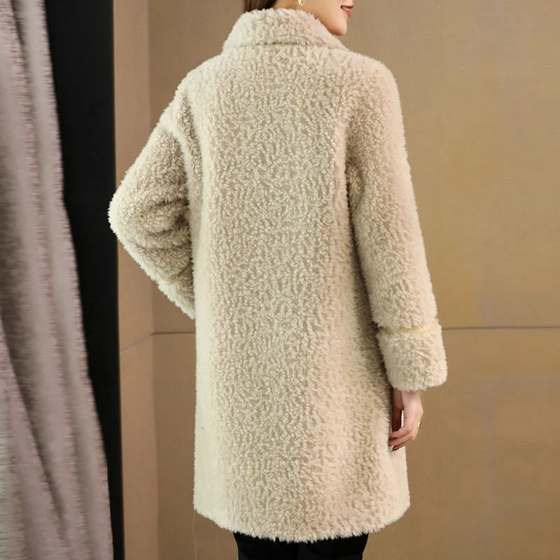 Female Winter Slim Grain Wool Middle Long Coat Women New Middle-Aged And Elderly Cashmere Thickened Imitation Lamb Wool Overcoat