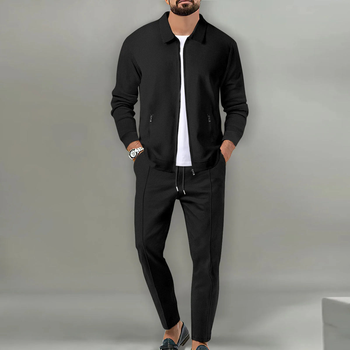 Autumn Winter Men's Casual Blazer Set New Fashion Waffle Baseball Suit Round Neck Pocket Zipper Long Sleeve Trousers Two-Piece S