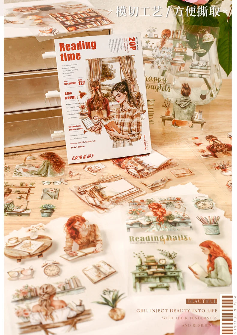 JIANQI 20 Sheets PET Die cut Stickers book Girl's Handbook Decorative handmade Scrapbooking Material Diary Album Craft Supplies