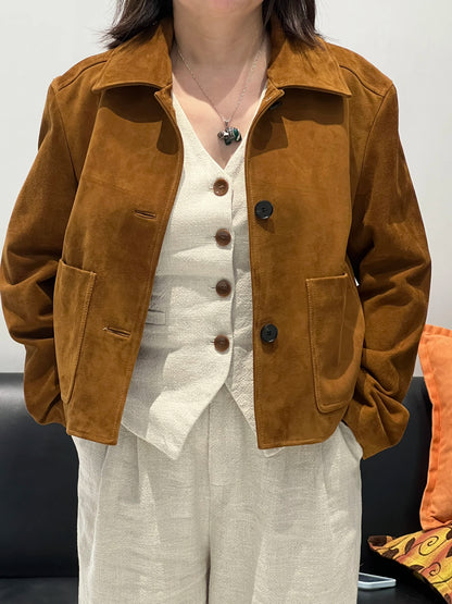 European Imported Kid Suede Leather Jacket for Woman High Grade Turn Down Collar Pocket Short Cropped Coat Long Sleeve Top Mujer