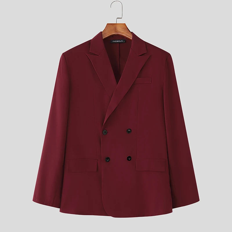 INCERUN Men Sets Solid Color Double Breasted Long Sleeve Blazer & Pants Two Pieces Sets Streetwear Fashion Casual Men's Suits