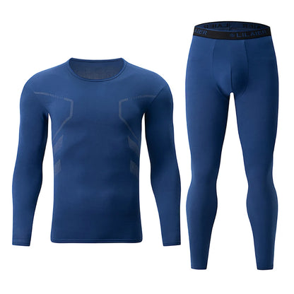 2-piece Men's Autumn And Winter Solid Color Round Neck Fashionable Printed Sports Thermal Underwear Set Simple And Comfortable