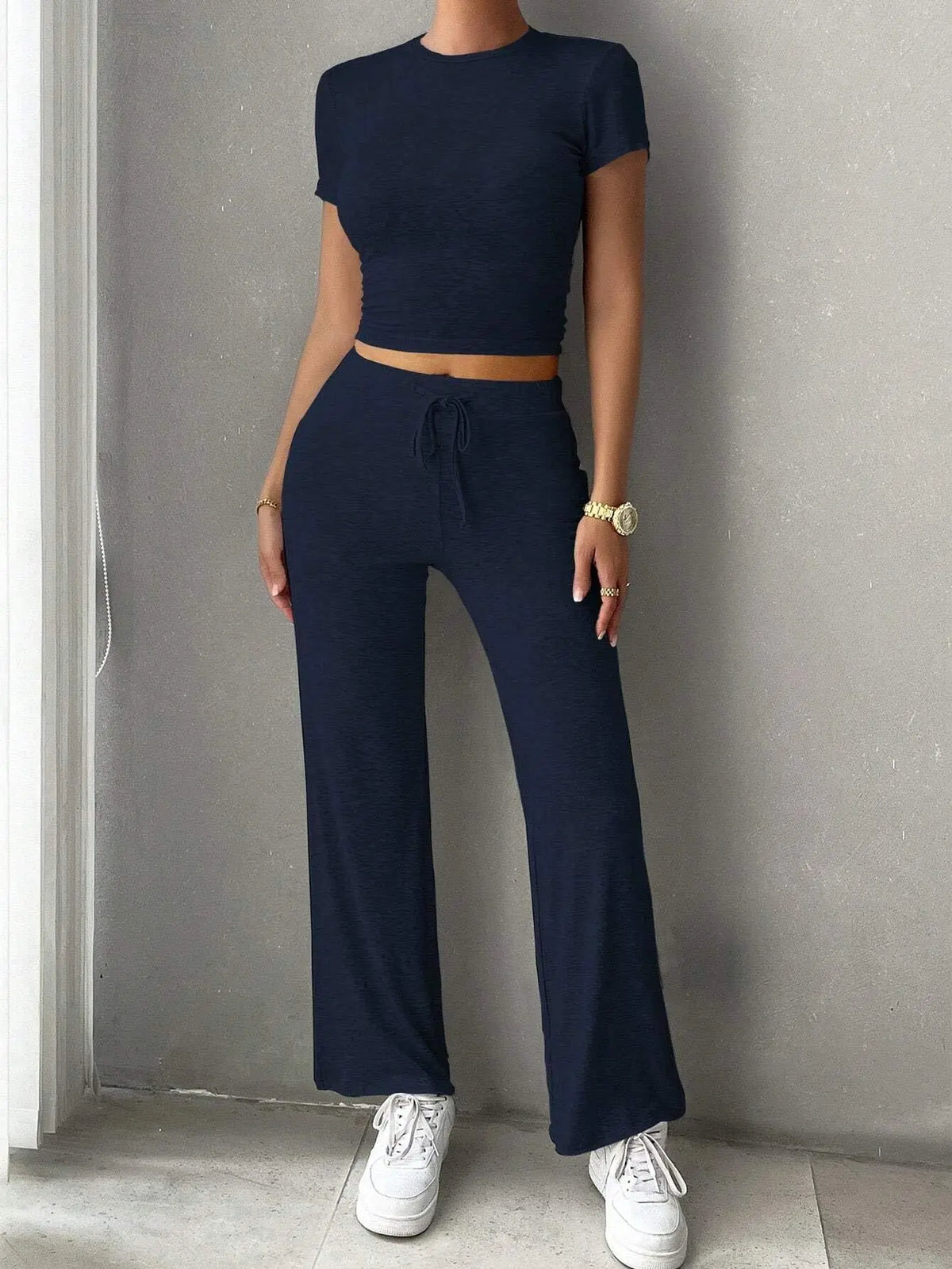 Summer Comfortable Casual Women's Home Sports Set 2025 New Fashionable Solid Color Slim Body Clothes + Trousers Two-piece Set